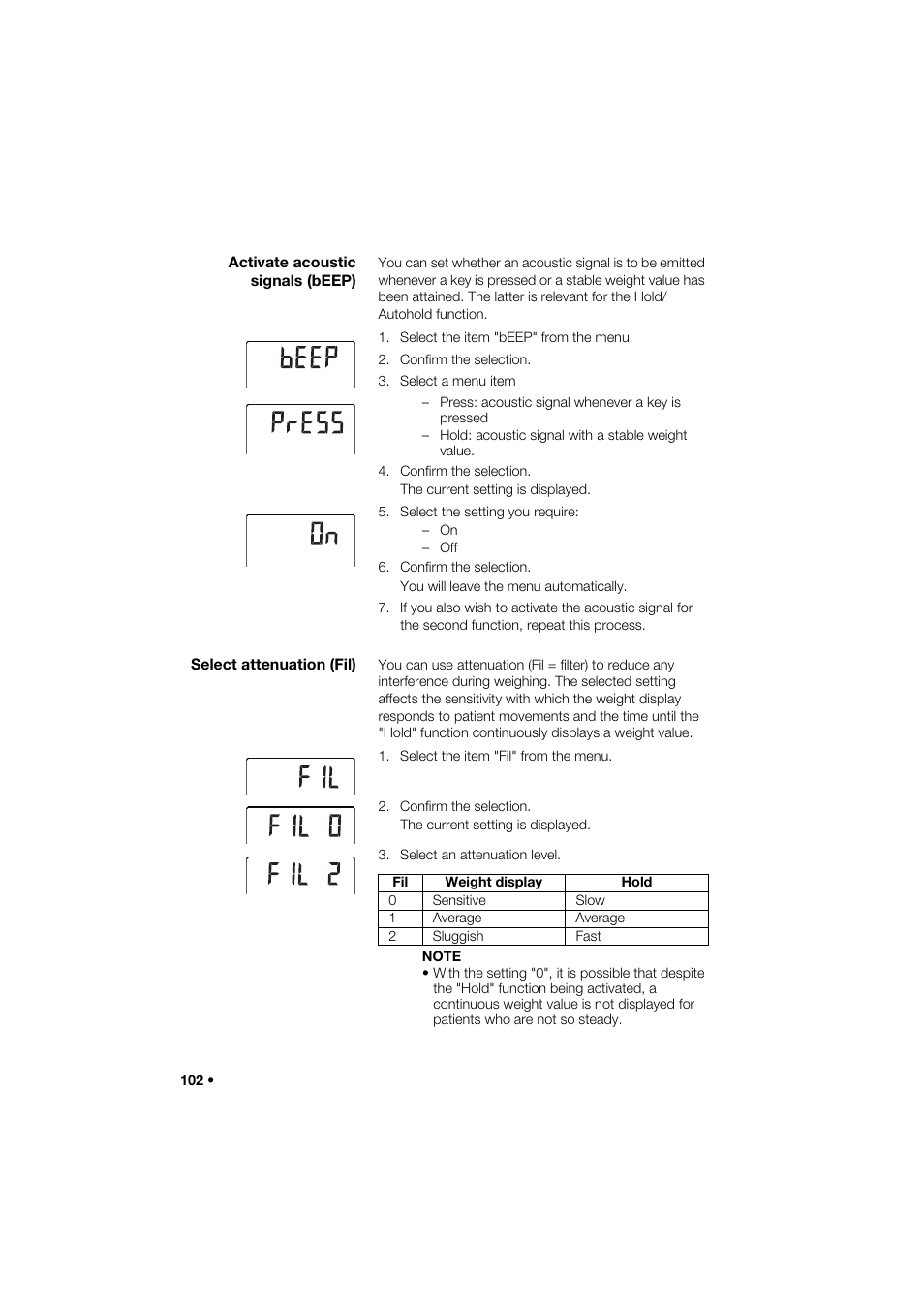 Activate acoustic signals (beep), Select attenuation (fil) | Seca 285 User Manual | Page 102 / 451