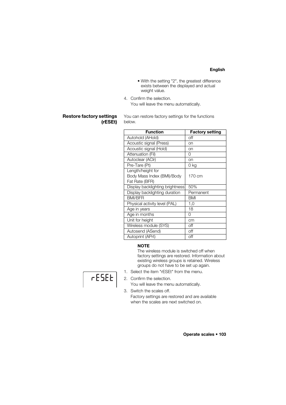 Restore factory settings (reset) | Seca 285 User Manual | Page 103 / 451