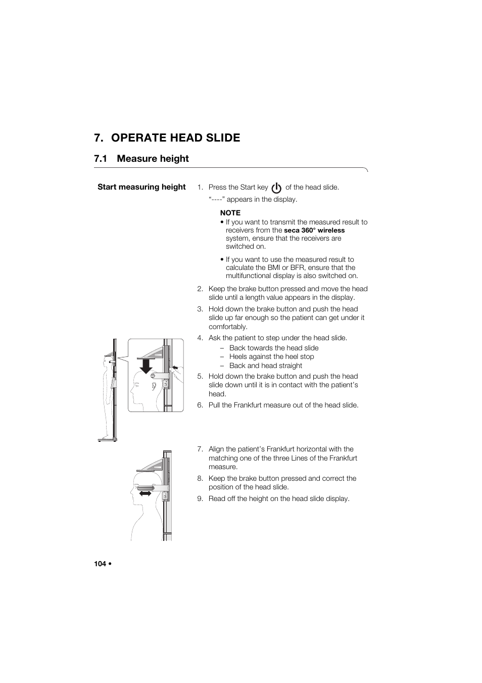 Operate head slide, 1 measure height, Start measuring height | Seca 285 User Manual | Page 104 / 451