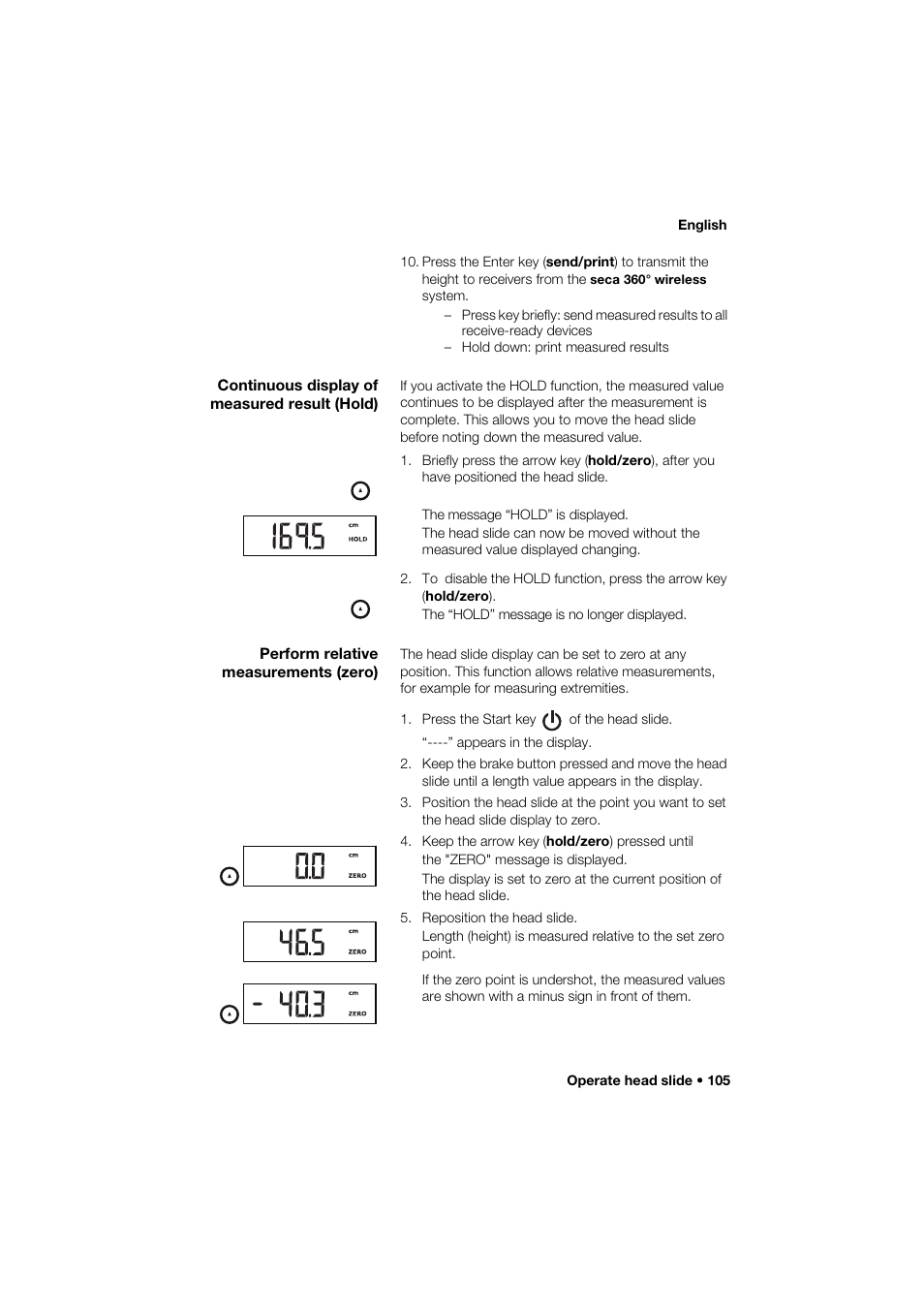 Continuous display of measured result (hold), Perform relative measurements (zero) | Seca 285 User Manual | Page 105 / 451