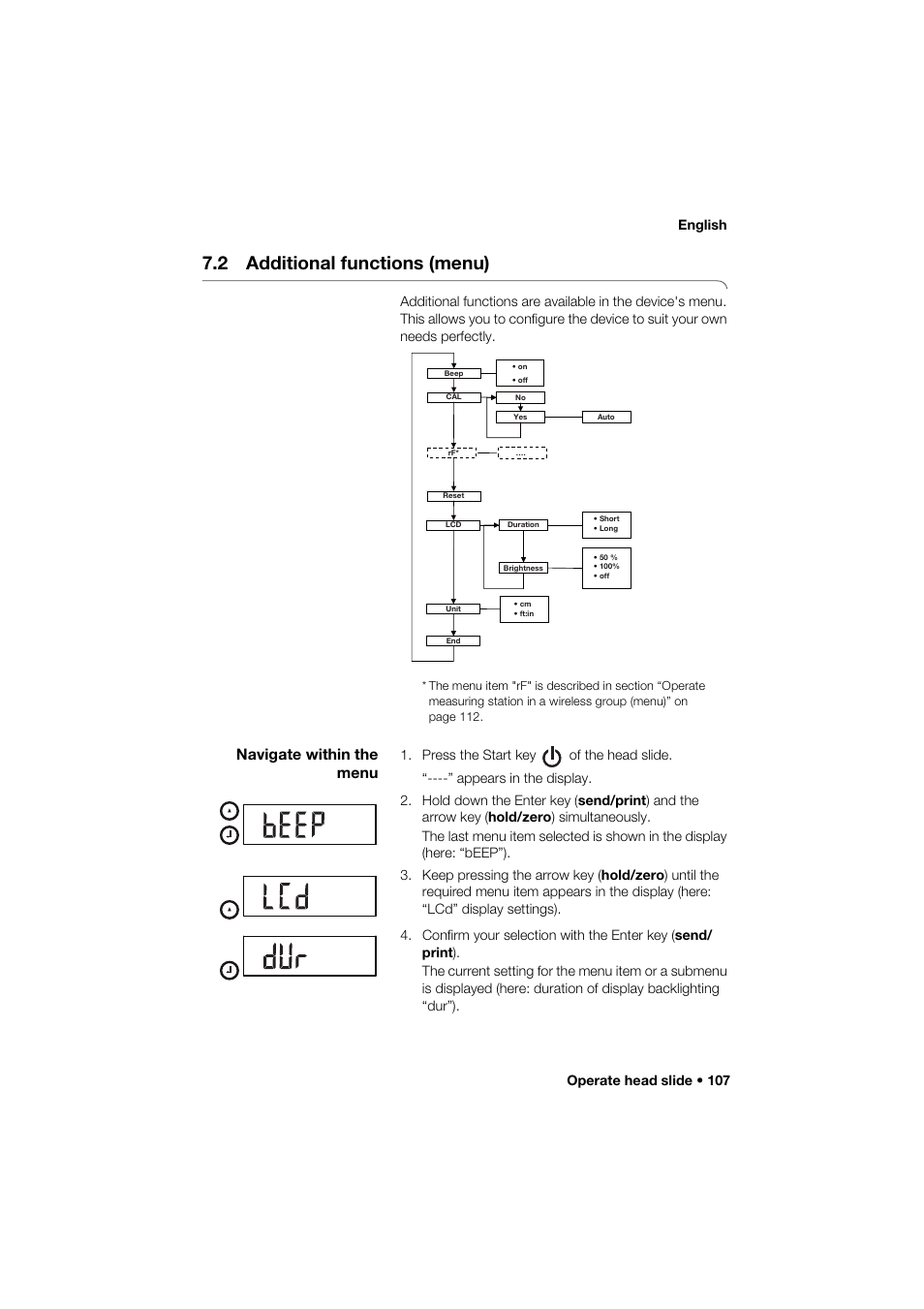 2 additional functions (menu), Navigate within the menu, Operate head slide • 107 english | Seca 285 User Manual | Page 107 / 451