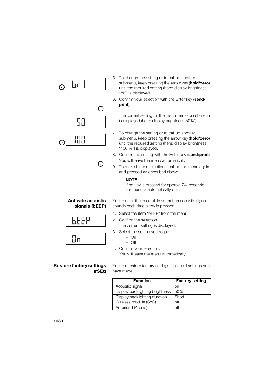 Activate acoustic signals (beep), Restore factory settings (rset) | Seca 285 User Manual | Page 108 / 451