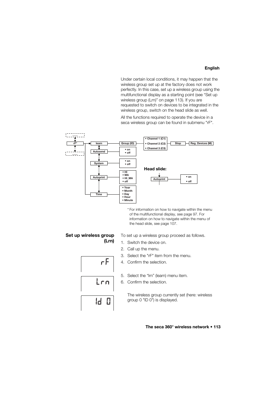 Set up wireless group (lrn), Head slide | Seca 285 User Manual | Page 113 / 451