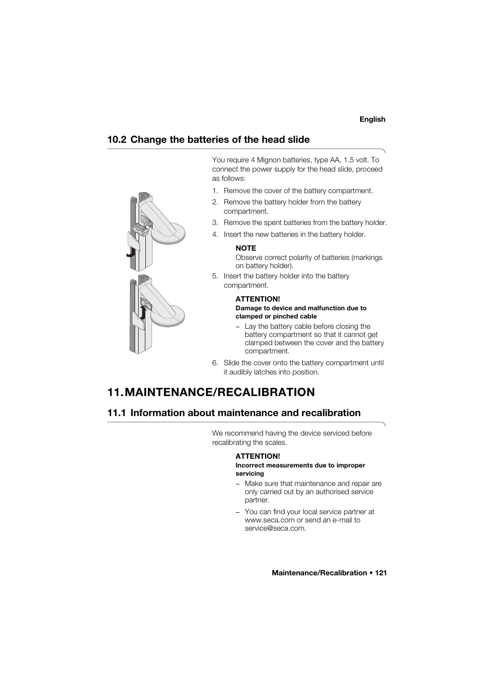 2 change the batteries of the head slide, Maintenance/recalibration, 1 information about maintenance and recalibration | Seca 285 User Manual | Page 121 / 451