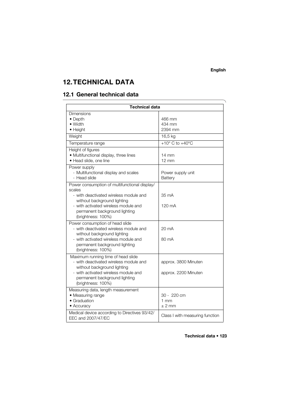 Technical data, 1 general technical data | Seca 285 User Manual | Page 123 / 451