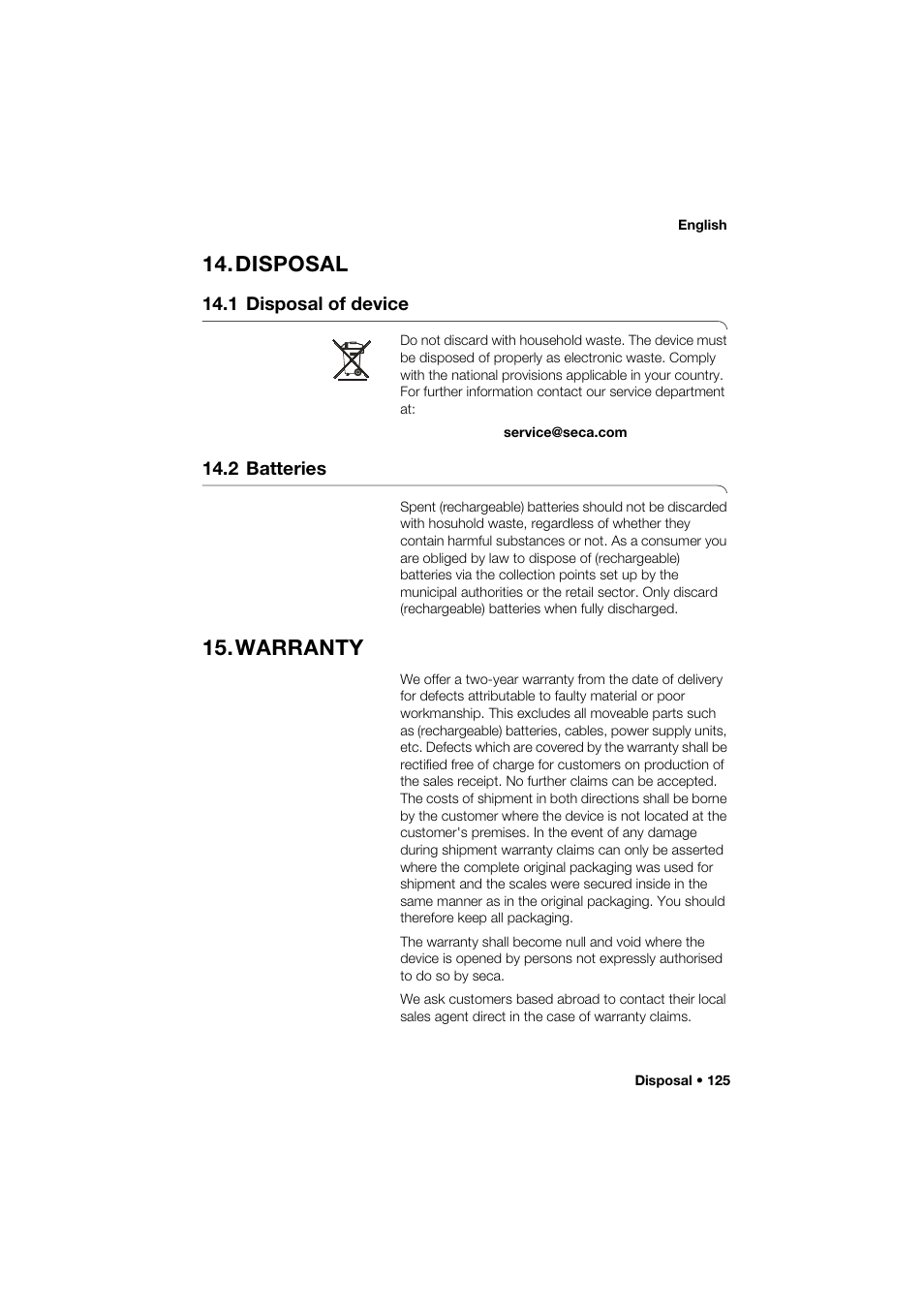 Disposal, 1 disposal of device, 2 batteries | Warranty | Seca 285 User Manual | Page 125 / 451