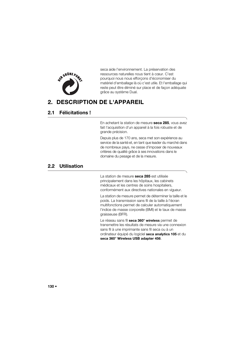 Description de l'appareil, 1 félicitations, 2 utilisation | Seca 285 User Manual | Page 130 / 451