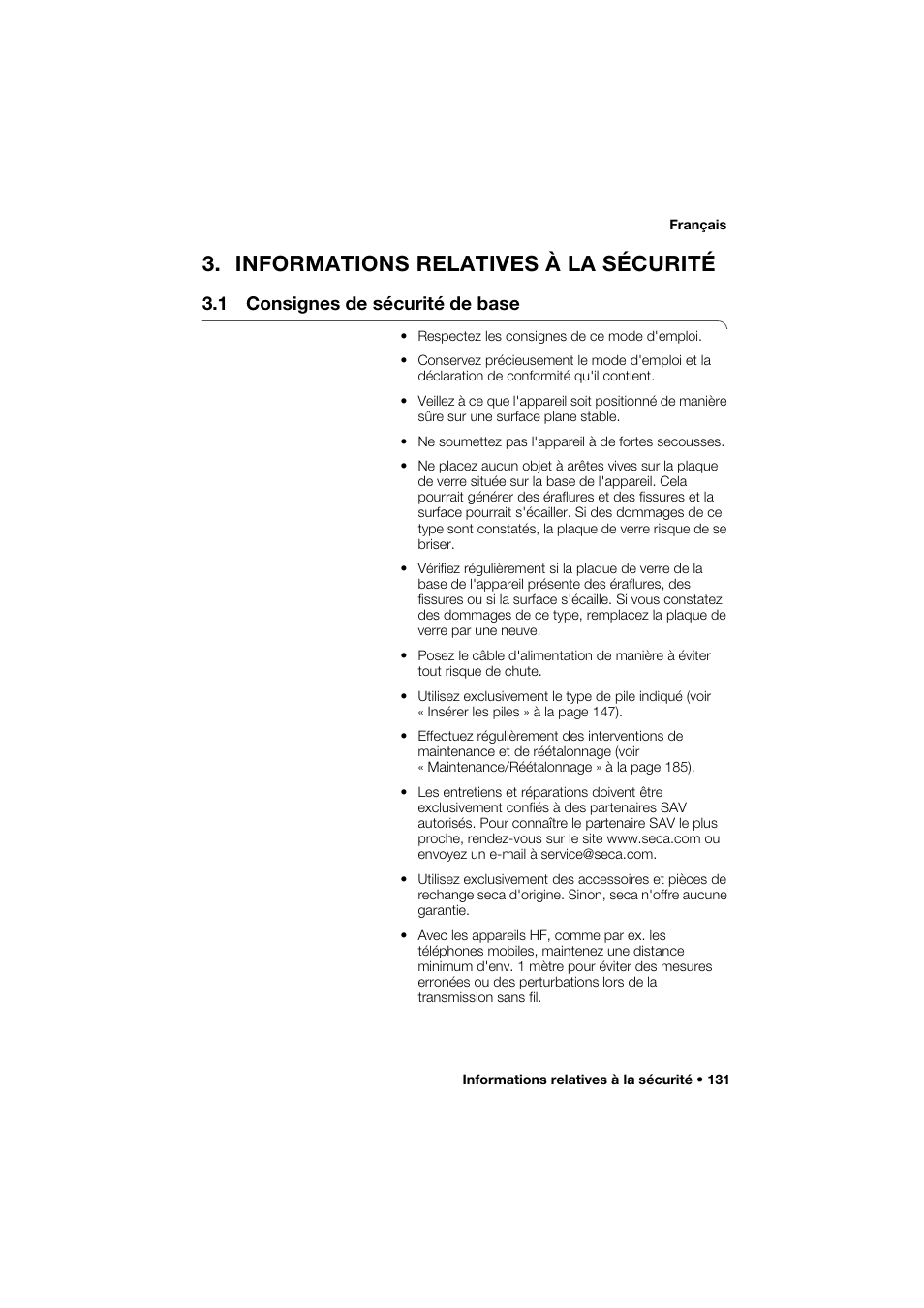 Informations relatives à la sécurité, 1 consignes de sécurité de base | Seca 285 User Manual | Page 131 / 451