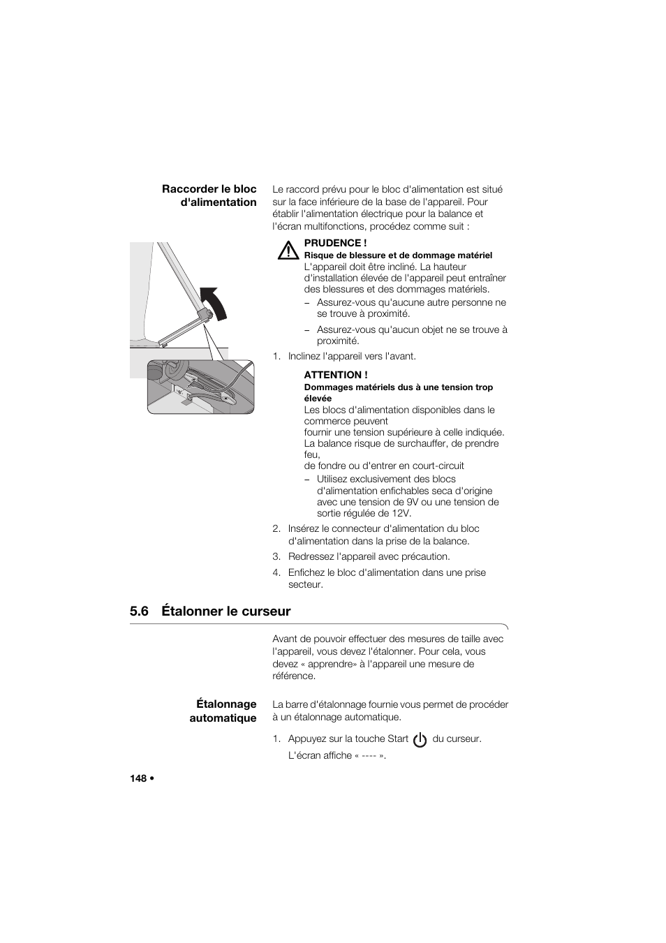 Raccorder le bloc d'alimentation, 6 étalonner le curseur, Étalonnage automatique | Seca 285 User Manual | Page 148 / 451