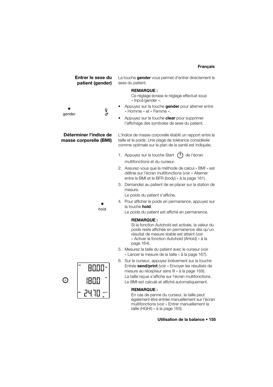 Entrer le sexe du patient (gender), Déterminer l'indice de masse corporelle (bmi) | Seca 285 User Manual | Page 155 / 451