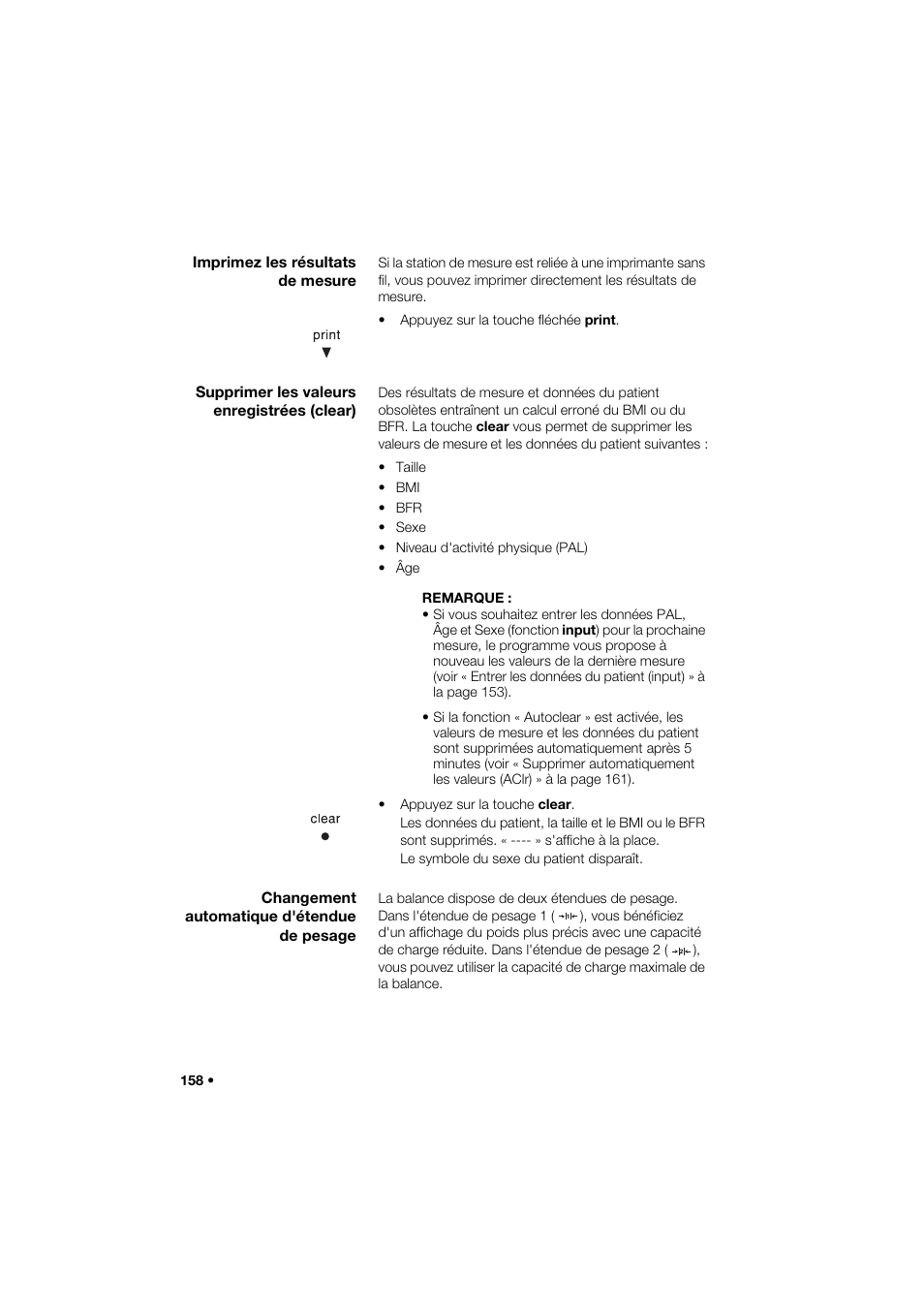 Imprimez les résultats de mesure, Supprimer les valeurs enregistrées (clear), Changement automatique d'étendue de pesage | Seca 285 User Manual | Page 158 / 451