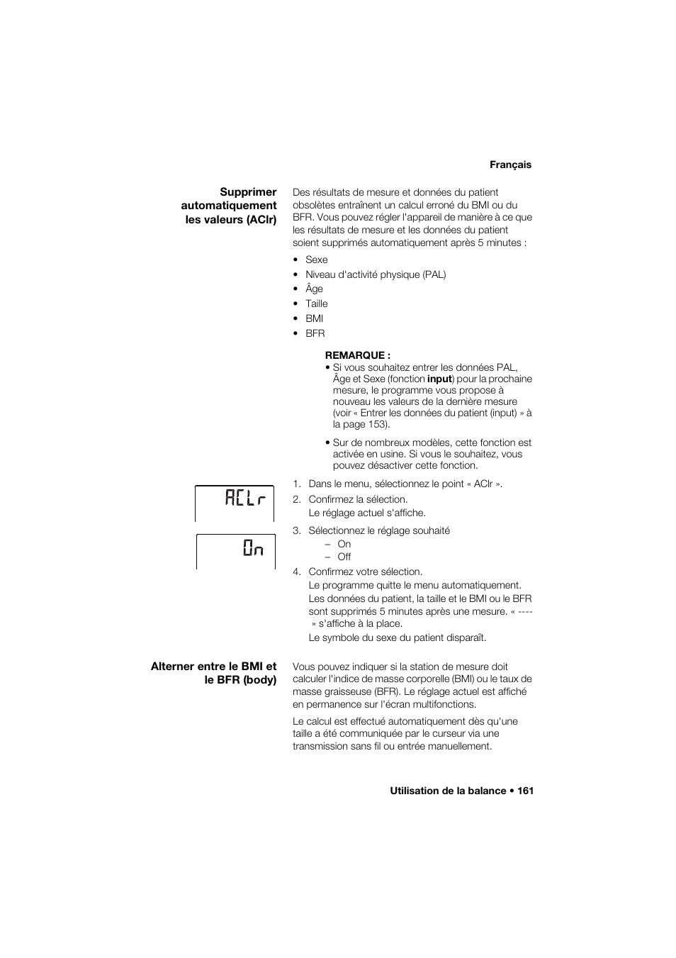 Supprimer automatiquement les valeurs (aclr), Alterner entre le bmi et le bfr (body) | Seca 285 User Manual | Page 161 / 451