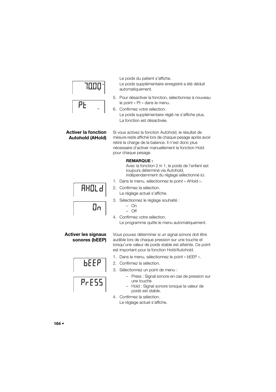 Activer la fonction autohold (ahold), Activer les signaux sonores (beep) | Seca 285 User Manual | Page 164 / 451