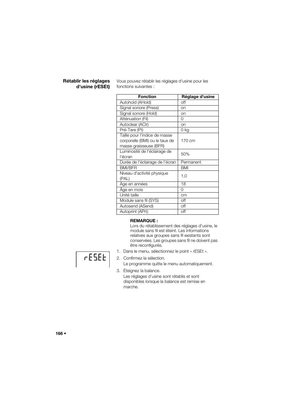 Rétablir les réglages d'usine (reset) | Seca 285 User Manual | Page 166 / 451