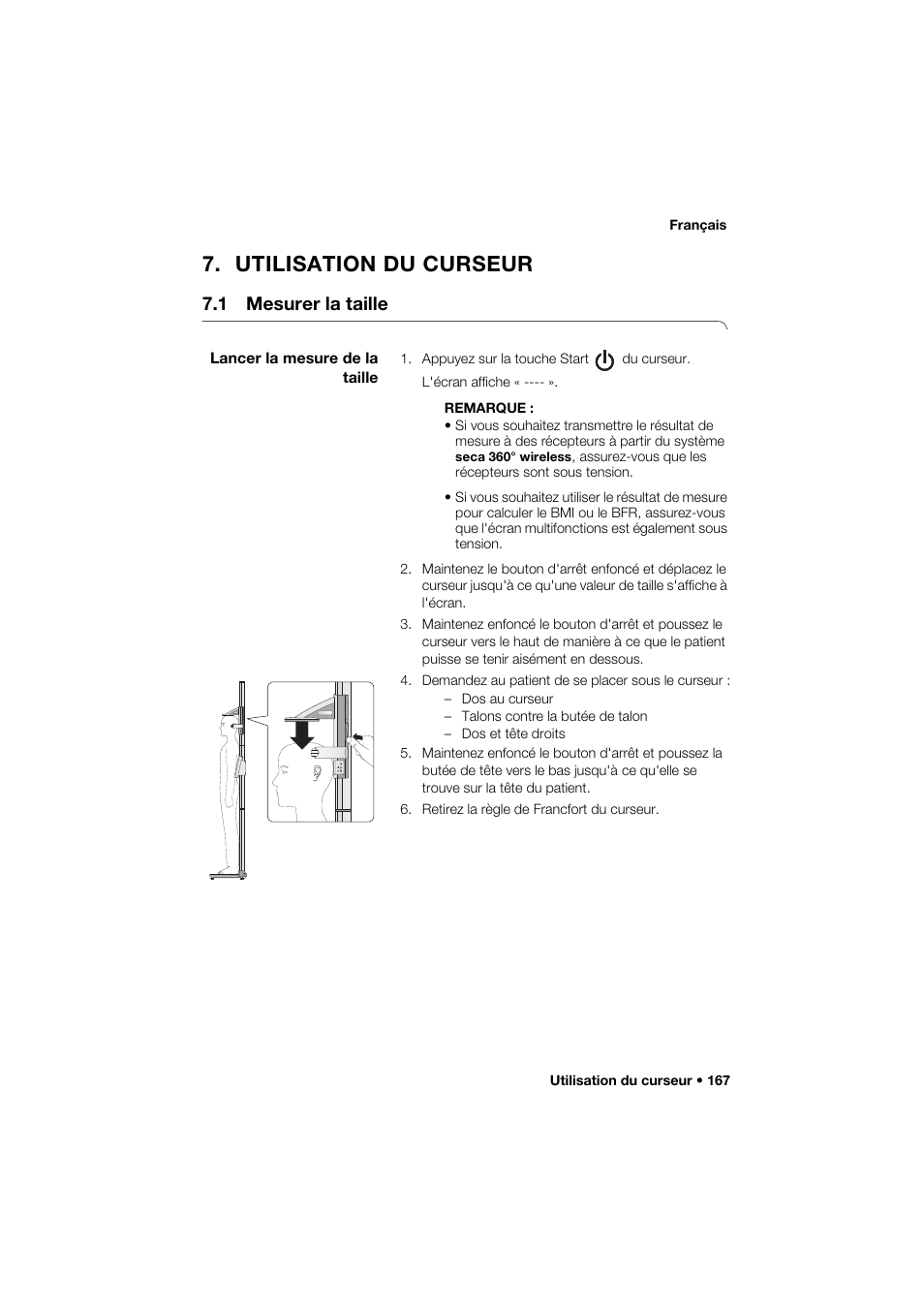 Utilisation du curseur, 1 mesurer la taille, Lancer la mesure de la taille | Seca 285 User Manual | Page 167 / 451