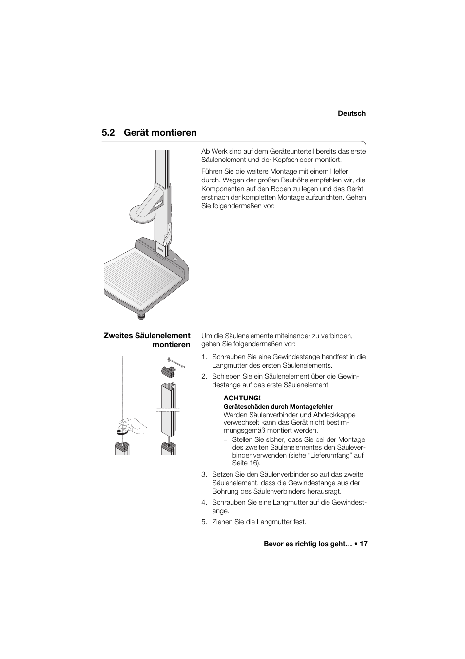 2 gerät montieren, Zweites säulenelement montieren | Seca 285 User Manual | Page 17 / 451