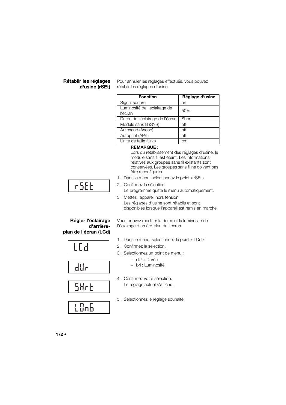 Rétablir les réglages d'usine (rset) | Seca 285 User Manual | Page 172 / 451
