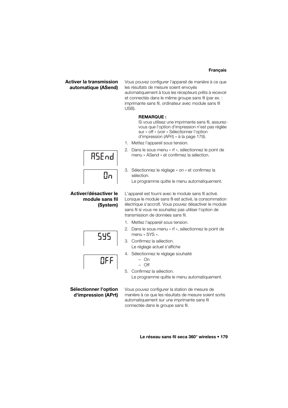 Activer la transmission automatique (asend), Activer/désactiver le module sans fil (system), Sélectionner l'option d'impression (aprt) | Seca 285 User Manual | Page 179 / 451