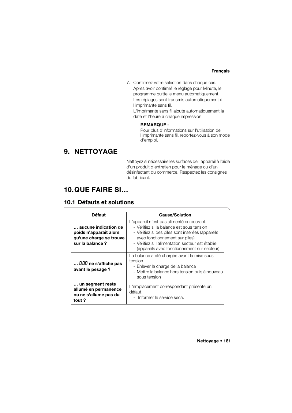 Nettoyage, Que faire si, 1 défauts et solutions | Seca 285 User Manual | Page 181 / 451
