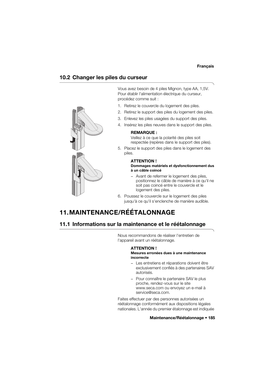 2 changer les piles du curseur, Maintenance/réétalonnage | Seca 285 User Manual | Page 185 / 451