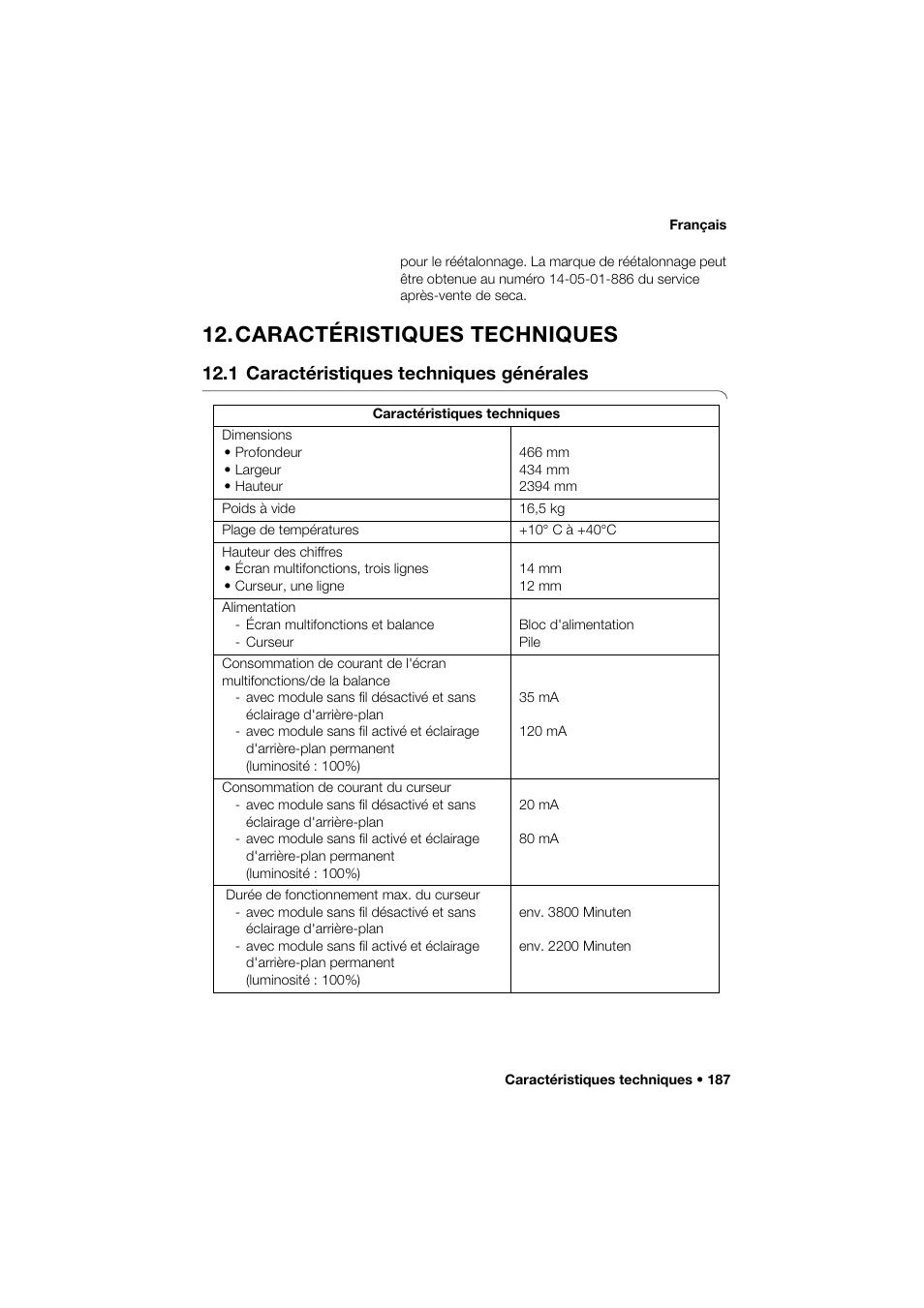 Caractéristiques techniques, 1 caractéristiques techniques générales | Seca 285 User Manual | Page 187 / 451