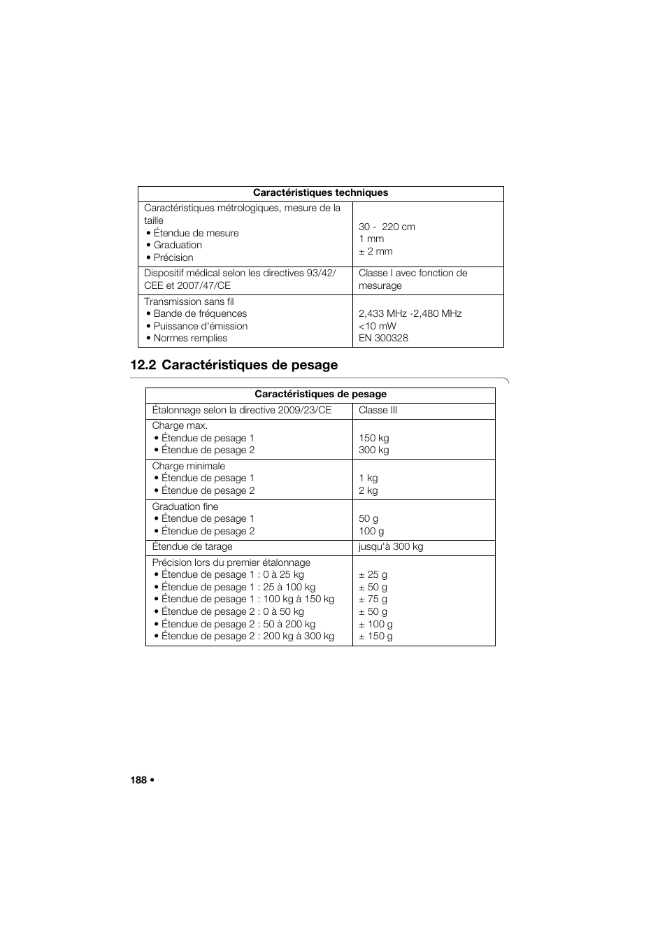 2 caractéristiques de pesage | Seca 285 User Manual | Page 188 / 451