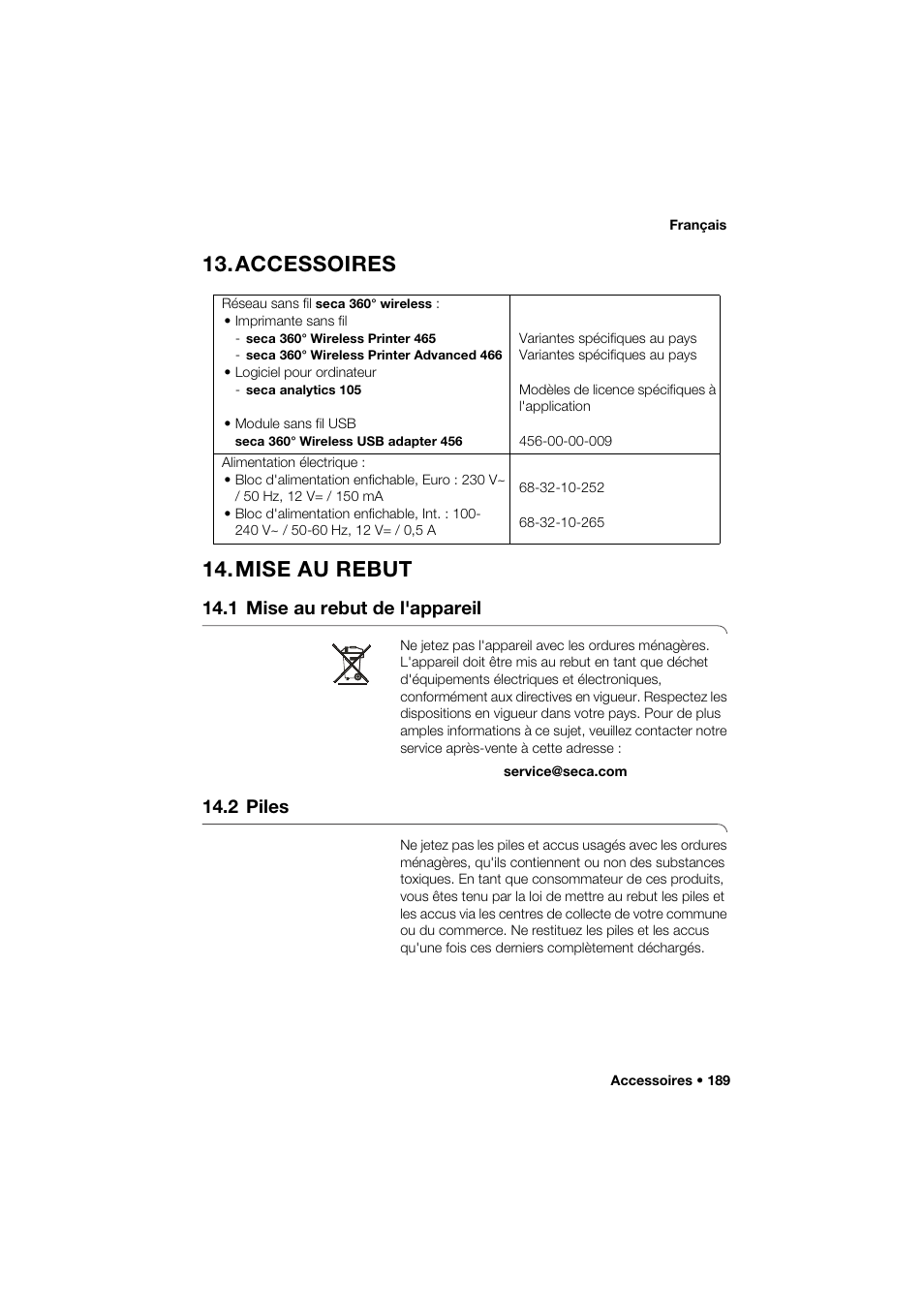Accessoires, Mise au rebut, 1 mise au rebut de l'appareil | 2 piles, Accessoires 14. mise au rebut | Seca 285 User Manual | Page 189 / 451