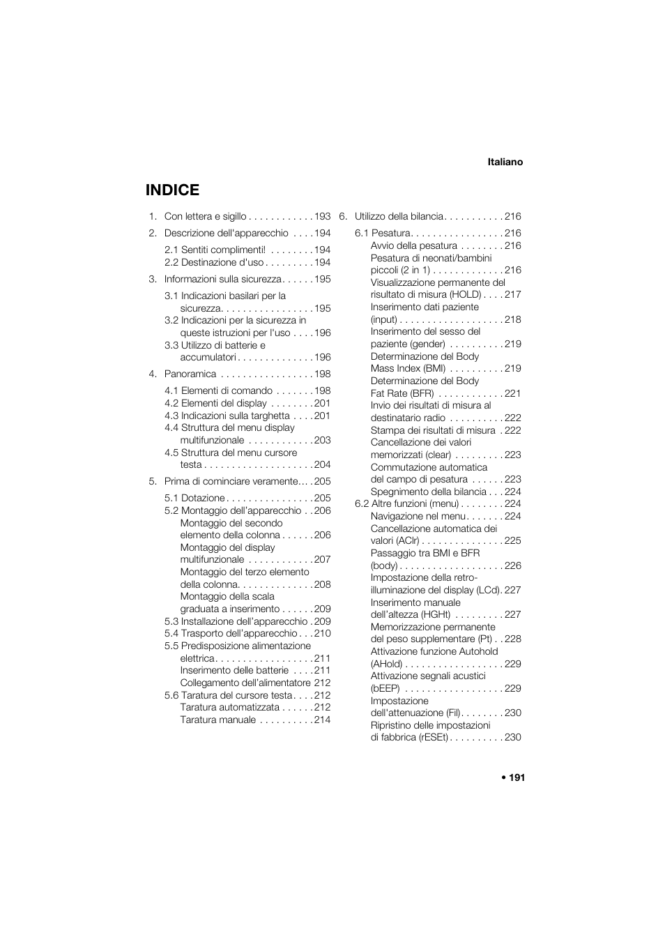 Italiano, Indice | Seca 285 User Manual | Page 191 / 451
