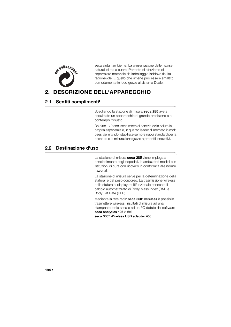 Descrizione dell'apparecchio, 1 sentiti complimenti, 2 destinazione d'uso | Seca 285 User Manual | Page 194 / 451