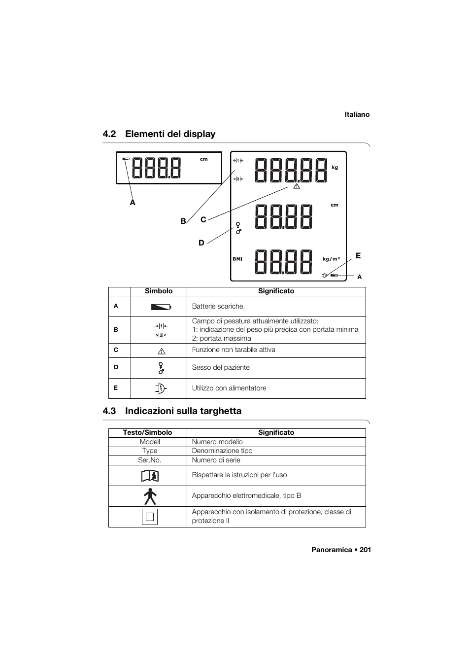 2 elementi del display, 3 indicazioni sulla targhetta | Seca 285 User Manual | Page 201 / 451