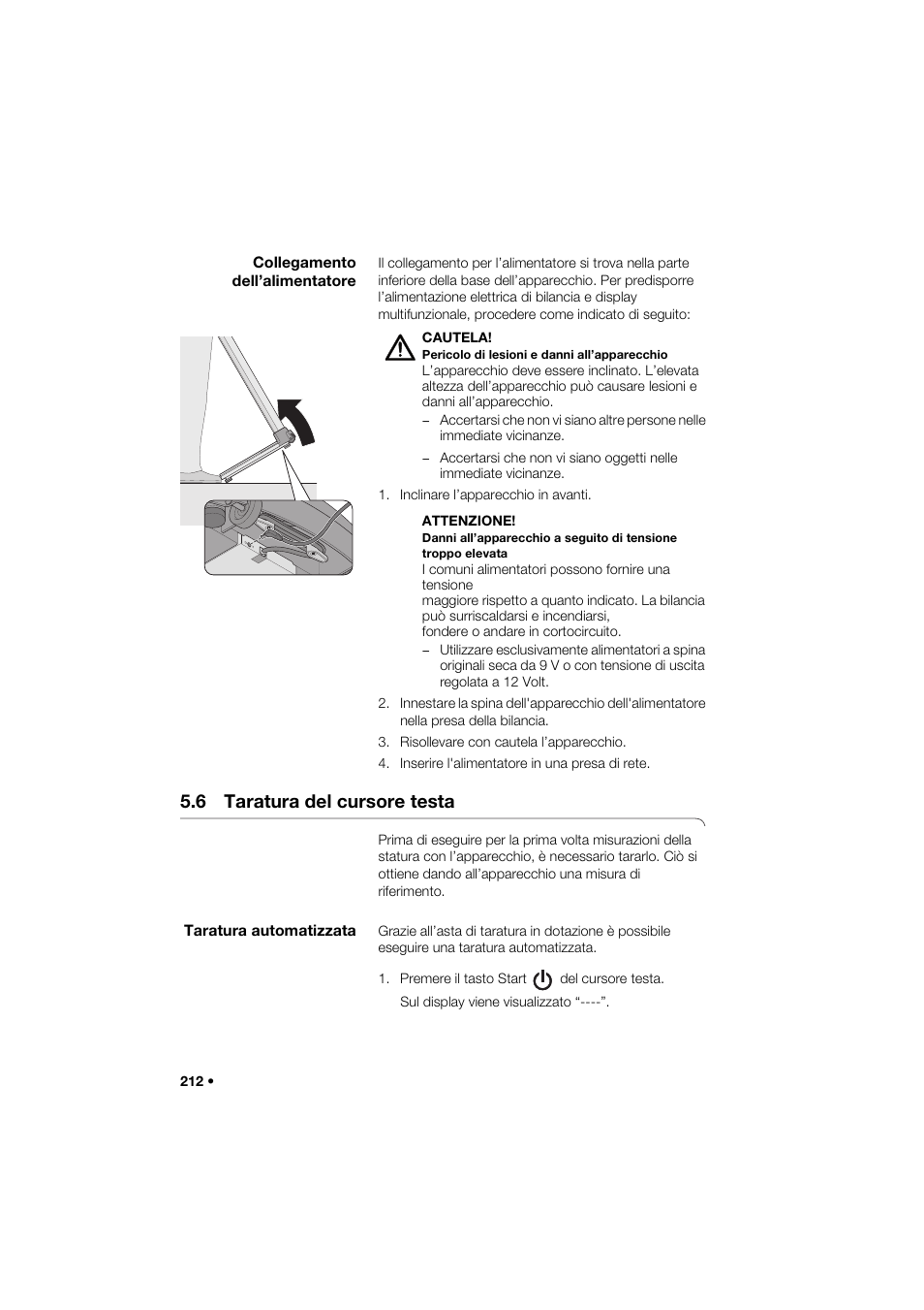 Collegamento dell’alimentatore, 6 taratura del cursore testa, Taratura automatizzata | Seca 285 User Manual | Page 212 / 451