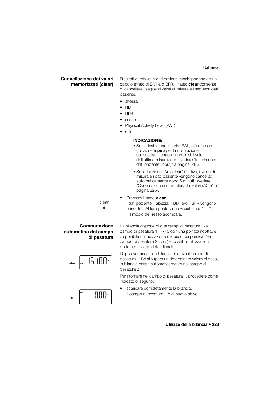 Cancellazione dei valori memorizzati (clear), Commutazione automatica del campo di pesatura | Seca 285 User Manual | Page 223 / 451