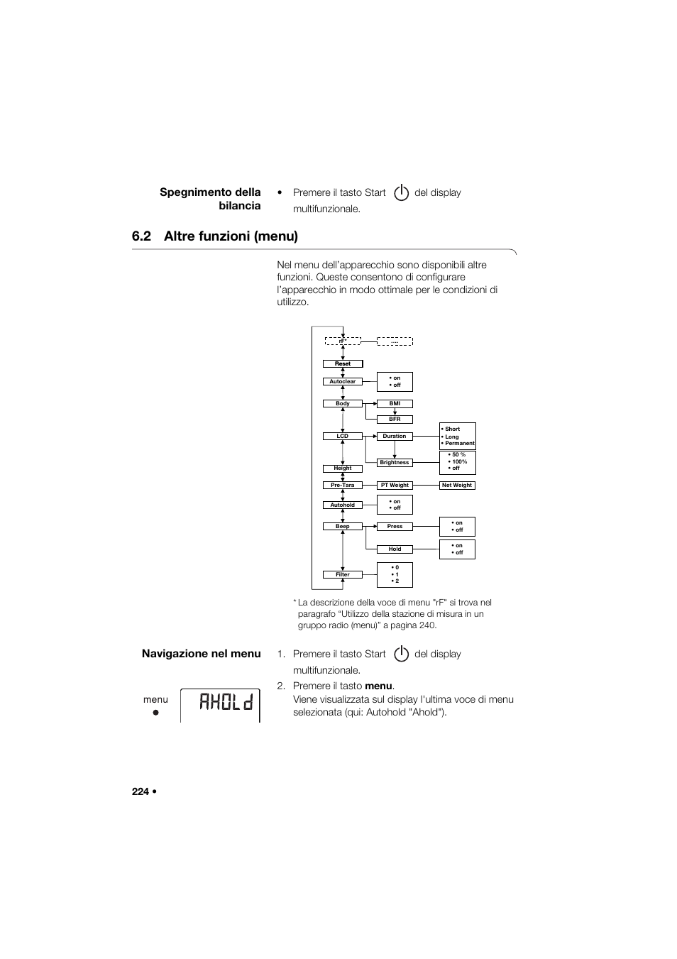 Spegnimento della bilancia, 2 altre funzioni (menu), Navigazione nel menu | Premere il tasto start del display multifunzionale | Seca 285 User Manual | Page 224 / 451