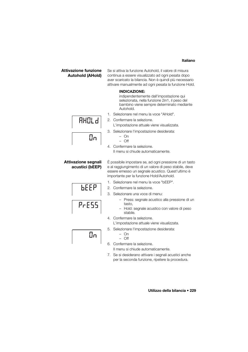 Attivazione funzione autohold (ahold), Attivazione segnali acustici (beep) | Seca 285 User Manual | Page 229 / 451