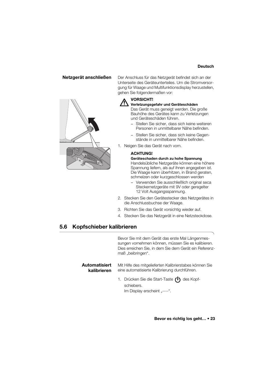 Netzgerät anschließen, 6 kopfschieber kalibrieren, Automatisiert kalibrieren | Seca 285 User Manual | Page 23 / 451
