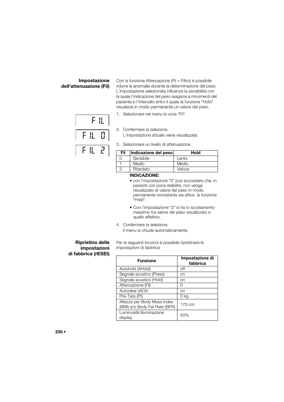 Impostazione dell'attenuazione (fil), Ripristino delle impostazioni di fabbrica (reset) | Seca 285 User Manual | Page 230 / 451