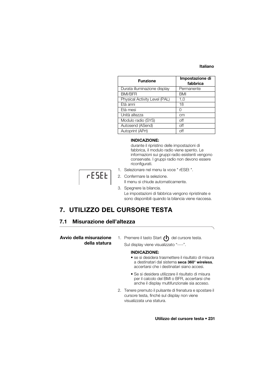 Utilizzo del cursore testa, 1 misurazione dell’altezza, Avvio della misurazione della statura | Seca 285 User Manual | Page 231 / 451