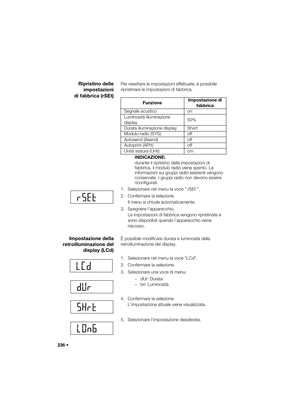 Ripristino delle impostazioni di fabbrica (rset) | Seca 285 User Manual | Page 236 / 451