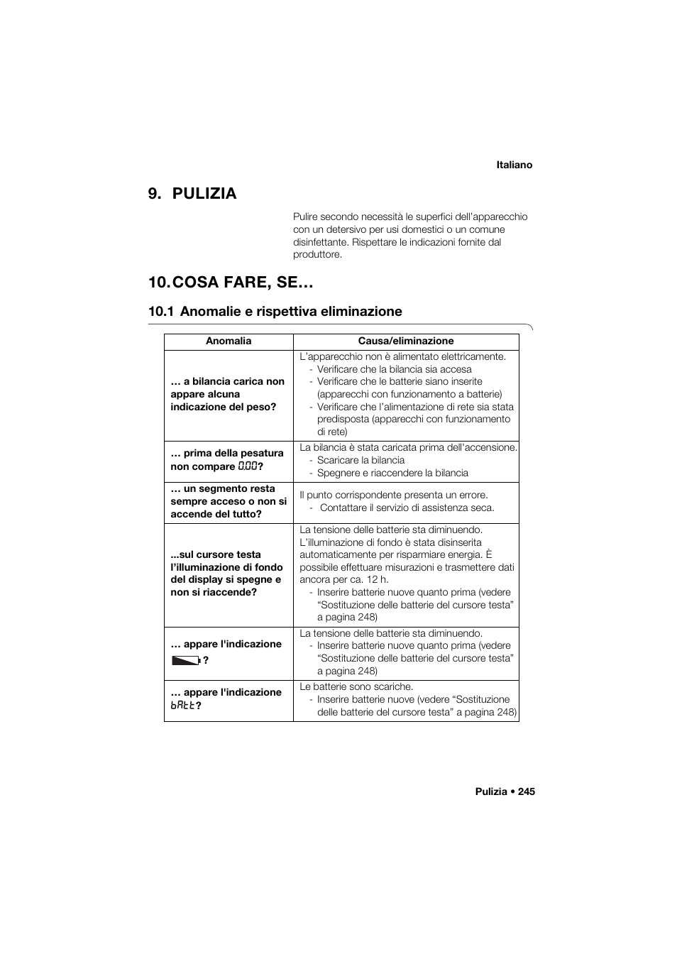 Pulizia, Cosa fare, se, 1 anomalie e rispettiva eliminazione | Seca 285 User Manual | Page 245 / 451