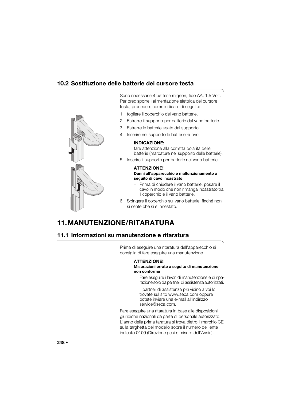 2 sostituzione delle batterie del cursore testa, Manutenzione/ritaratura, 1 informazioni su manutenzione e ritaratura | Seca 285 User Manual | Page 248 / 451