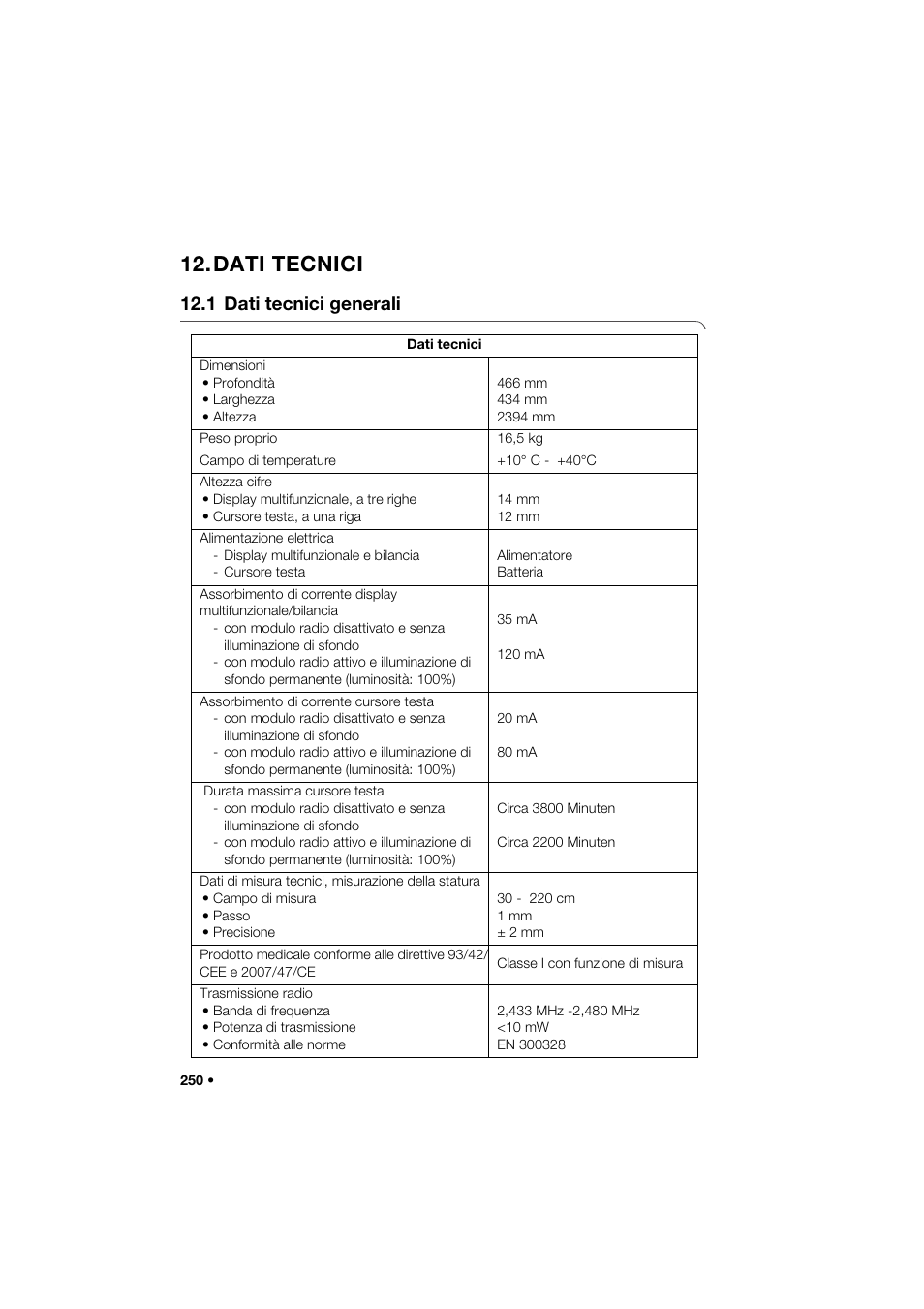 Dati tecnici, 1 dati tecnici generali | Seca 285 User Manual | Page 250 / 451