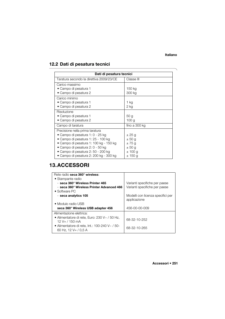 2 dati di pesatura tecnici, Accessori | Seca 285 User Manual | Page 251 / 451