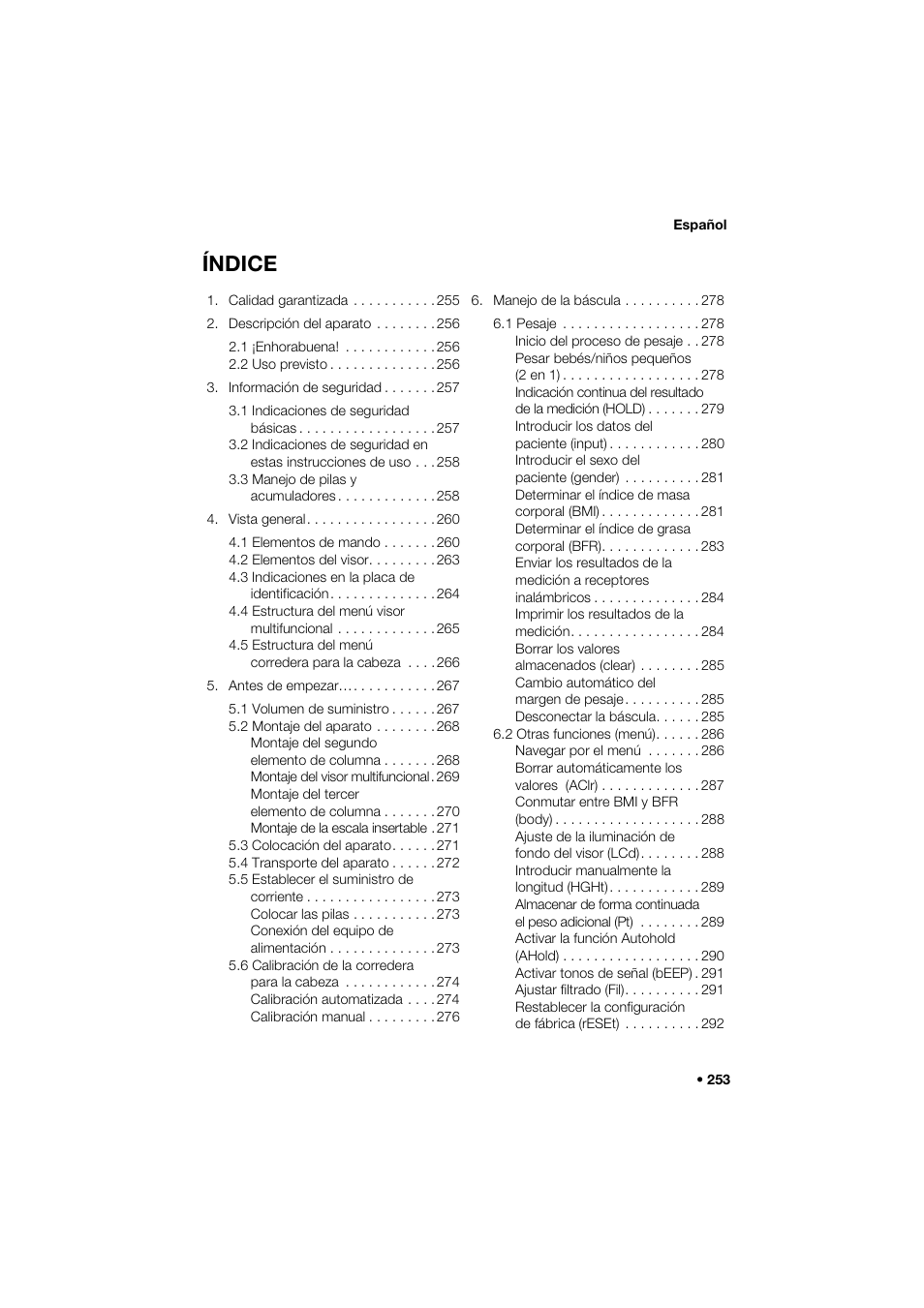 Español, Índice | Seca 285 User Manual | Page 253 / 451