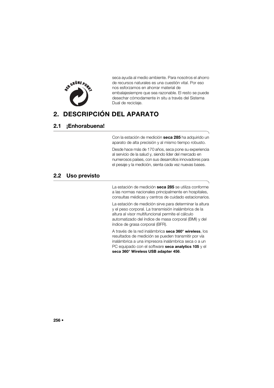 Descripción del aparato, 1 ¡enhorabuena, 2 uso previsto | Seca 285 User Manual | Page 256 / 451