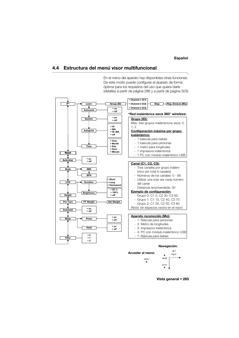 4 estructura del menú visor multifuncional, Vista general • 265 español | Seca 285 User Manual | Page 265 / 451