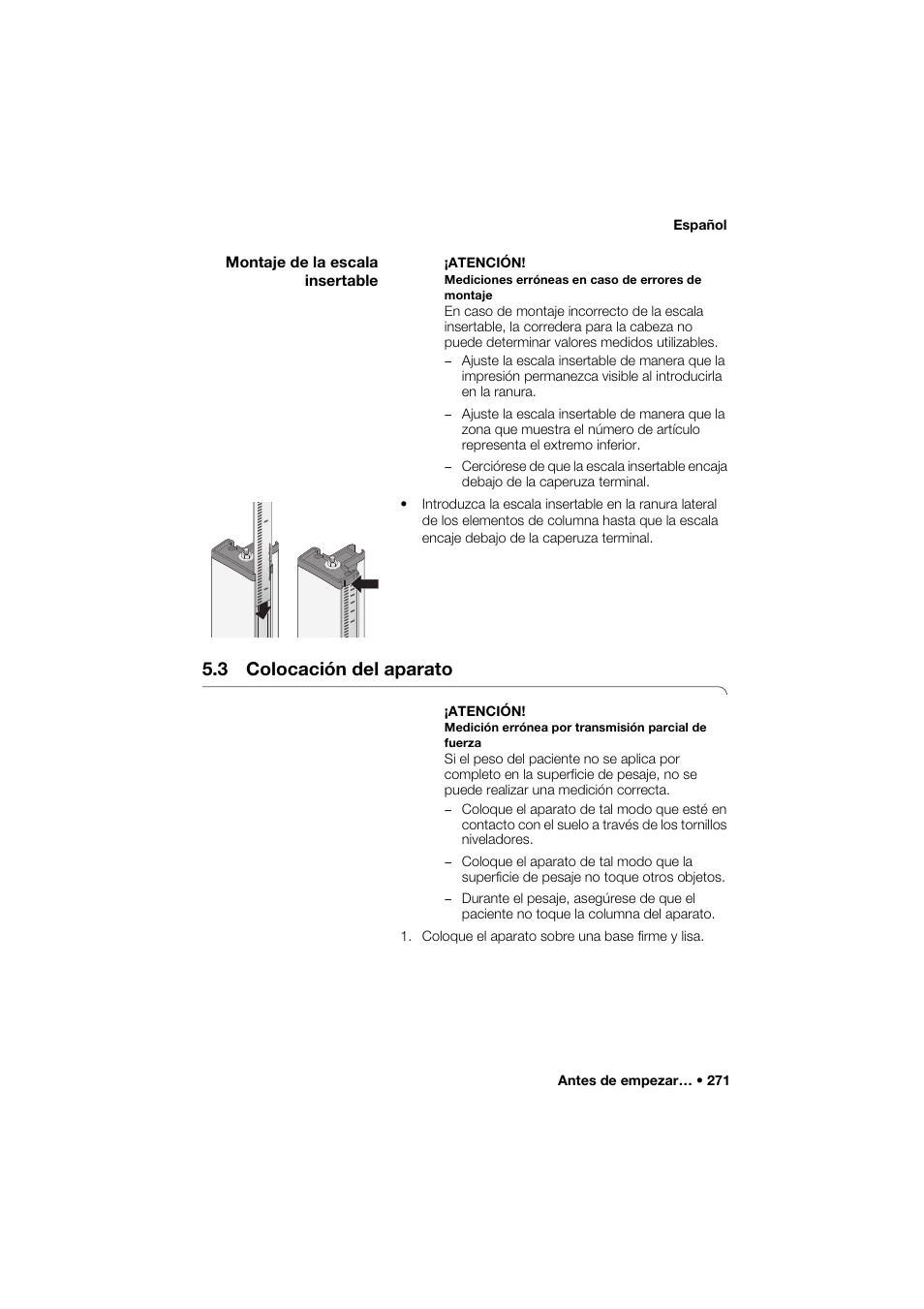 Montaje de la escala insertable, 3 colocación del aparato | Seca 285 User Manual | Page 271 / 451
