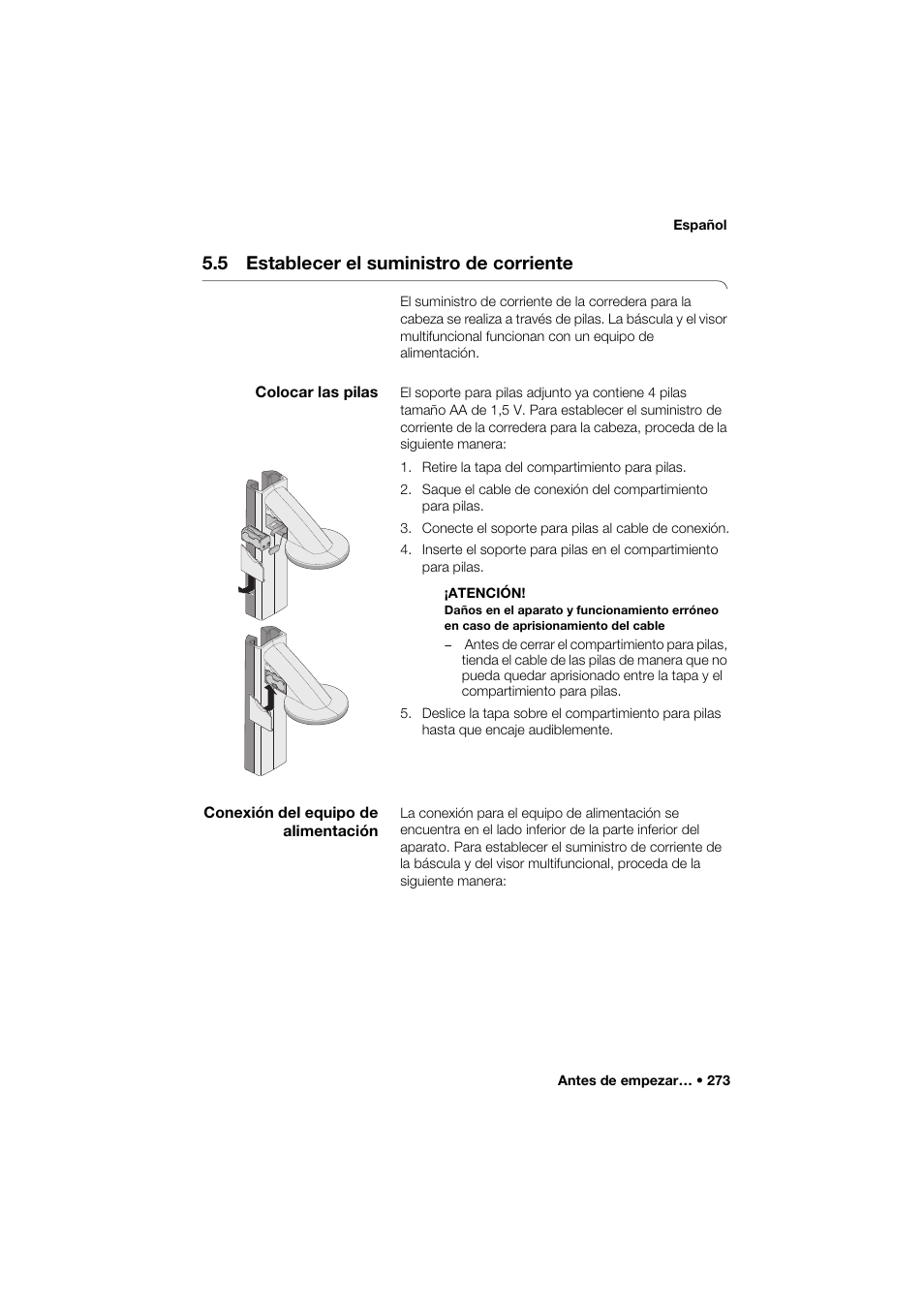 5 establecer el suministro de corriente, Colocar las pilas, Conexión del equipo de alimentación | Seca 285 User Manual | Page 273 / 451