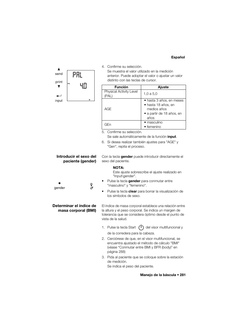 Introducir el sexo del paciente (gender), Determinar el índice de masa corporal (bmi) | Seca 285 User Manual | Page 281 / 451