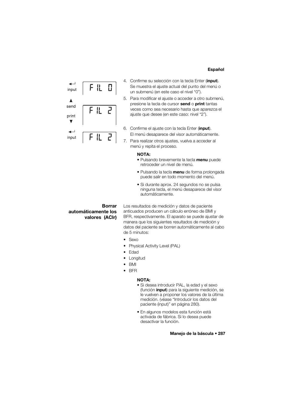 Borrar automáticamente los valores (aclr) | Seca 285 User Manual | Page 287 / 451