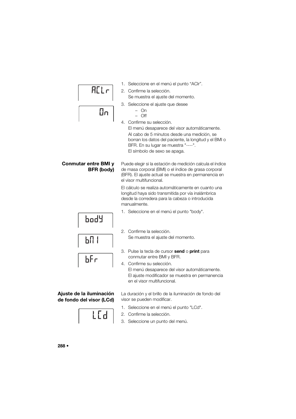 Conmutar entre bmi y bfr (body), Ajuste de la iluminación de fondo del visor (lcd) | Seca 285 User Manual | Page 288 / 451